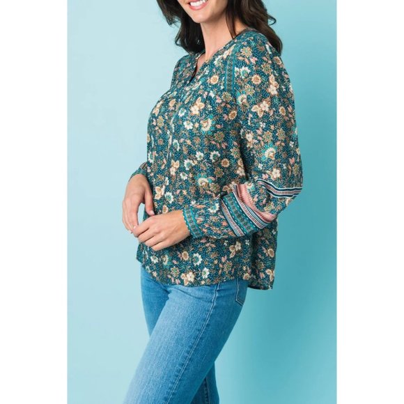 DR2 Josie V-Neck Long Sleeve Multicolored Top in Teal NWT size Small - Picture 9 of 9